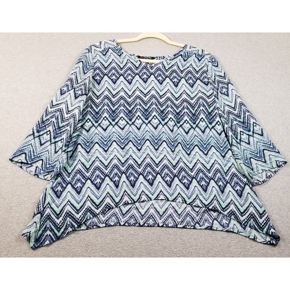Zac & Rachel Top Womens Medium Blue Green Zig Zag Chevron See Through 3/4 Sleeve